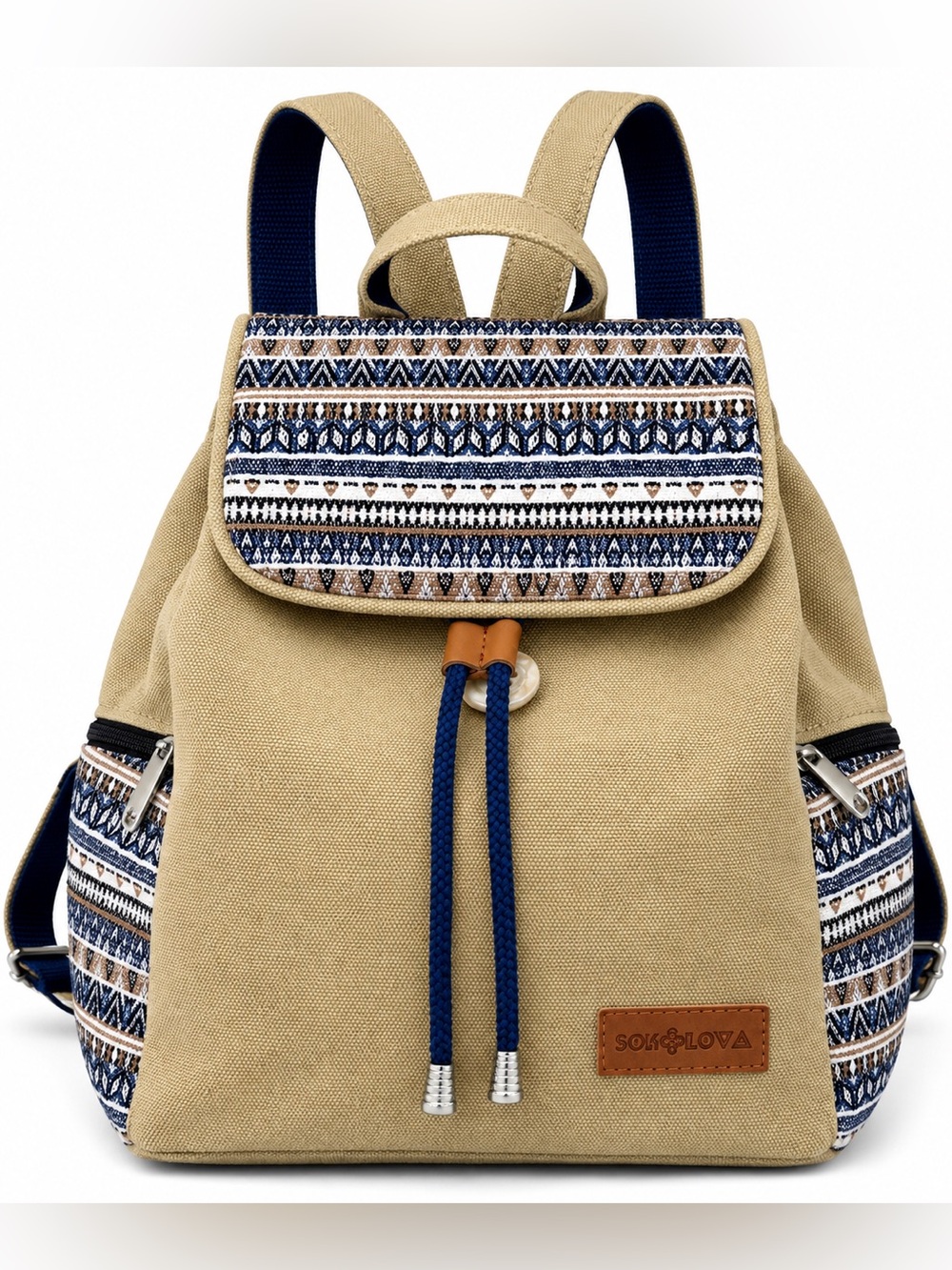 SOKOLOVA Boho Woven Canvas Backpack Tan Navy